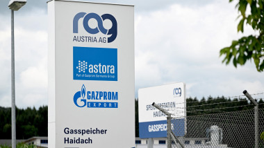 A sign stands at the entrance to the Haidach gas storage station near Strasswalchen, Austria