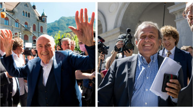 Sepp Blatter și Michel Platini la ieșirea din tribunalul elvețian