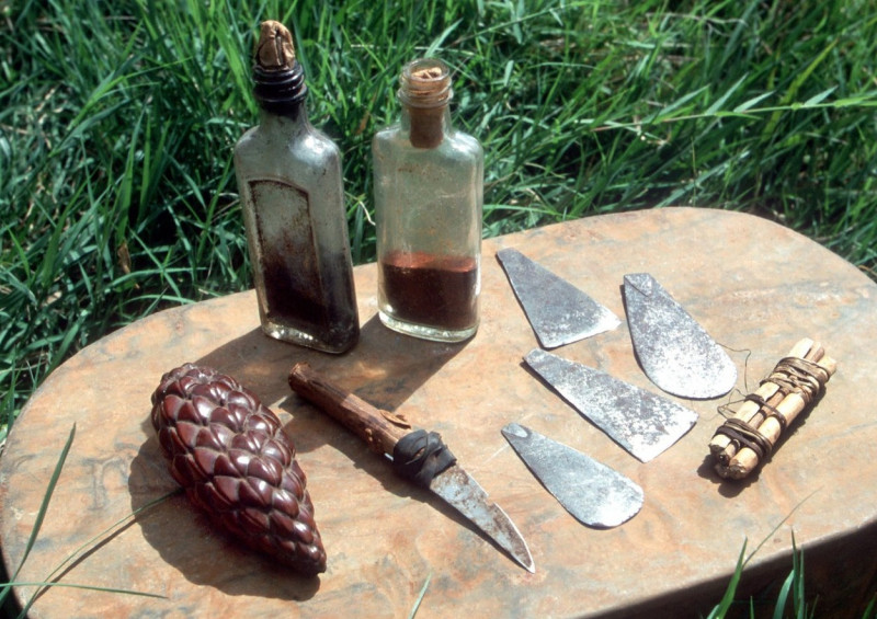 Knife, blades, amulets an voodoo stuff used for girls circumcision, femal genital mutilation FGM, Kenya, Africa