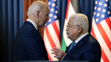 Palestinian president Mahmud Abbas and US President Joe Biden deliver statements to the media after their meeting at the Muqataa Presidential Compound in the city of Bethlehem, Bethlehem, West Bank, Palestinian Territory - 15 Jul 2022