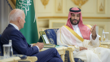 Saudi Crown Prince Mohammed bin Salman (R) meeting with US President Joe Biden at Al-Salam Palace in the Red Sea port of Jeddah