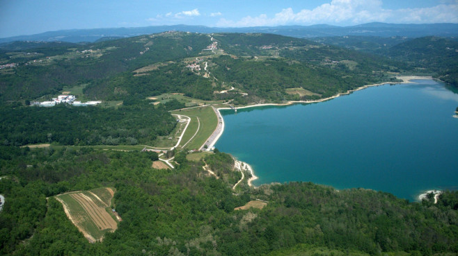 Aerial photo taken on May 21, 2022. shows Lake Butoniga , in Istria, Croatia.The Butoniga lake is located in the central part of Istria, near Motovun. This lake is artificial and was created in the 80s of the last century. It is used as the water supply