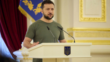 Kyiv, Ukraine. 14th July, 2022. Ukrainian President Volodymyr Zelenskyy, delivers remarks before presents the Hero of Ukraine medals to members of the armed forces and families of those killed in action at the Mariinsky Palace, July 14, 2022 in Kyiv, Ukra