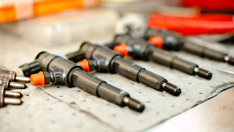 Fuel diesel injectors laying out for repair