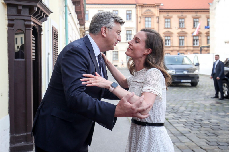 Zagreb, Croatia, June 21 2022, Croatian prime minister Andrej Plenkovic recieved Sanna Marin, prime minister of Finland during hers official visit to the Republic of Croatia. She was received by prime minister Andrej Plenkovic in Banski dvori, in Zagreb,