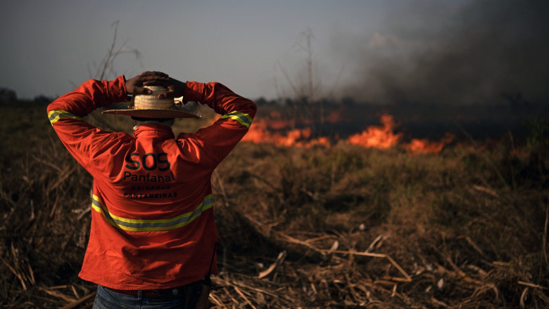 A firefighter looks at a large forest fire in Porto Jofre, Pantanal, Mato Grosso state, Brazil
