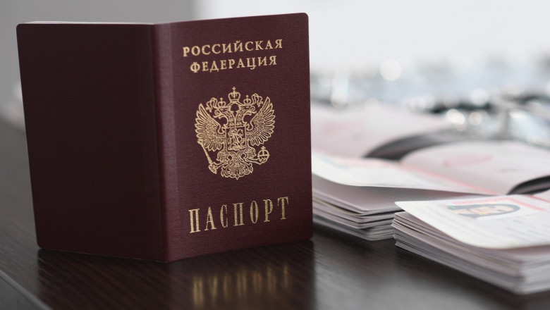 Russian passport is seen at the ceremony of issuing Russian passports to Melitopol residents, in Melitopol, Zaporizhzhia region