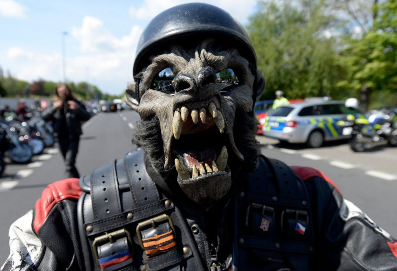 Prague, Czech Republic. 06th May, 2019. About 200 members of Night Wolves, Russian motorcycle nationalist club, cross Prague to pay homage to the Red Army war dead from the World War Two in Olsany cemetery in Prague, Czech Republic, on May 6, 2019. The Ni