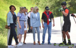 Elmau, Germany. 27th June, 2022. Britta Ernst, wife of German Chancellor Olaf Scholz (SPD) (l-r), Miriam Neureuther, former professional biathlete, Brigitte Macron, wife of French President Emmanuel Macron, and Christian Neureuther, former professional sk