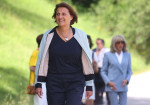 Elmau, Germany. 27th June, 2022. Britta Ernst, wife of German Chancellor Olaf Scholz (SPD, l) and Brigitte Macron, wife of French President Emmanuel Macron arrive for a meeting with the Biathlon Werdenfels junior Olympic team as part of the partner progra