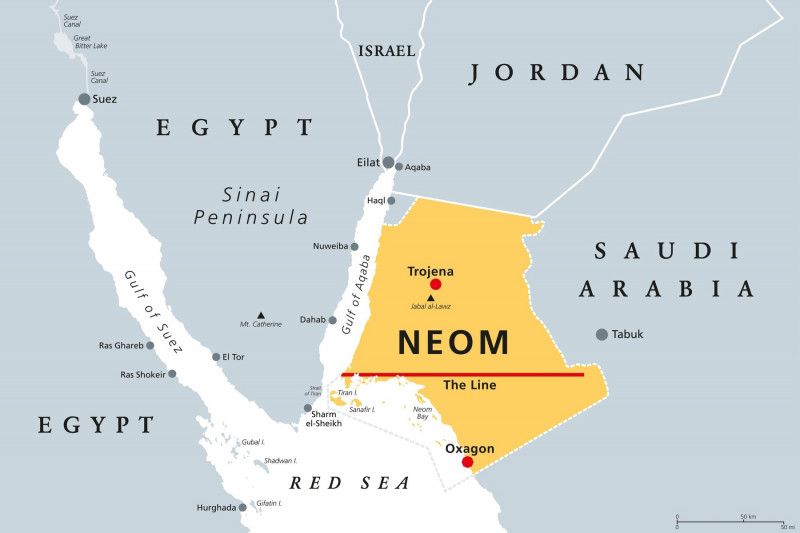 Neom, gray political map. Saudi megacity being built in the Tabuk Province of northwestern Saudi Arabia, North of the Red Sea and across Gulf of Aqaba.