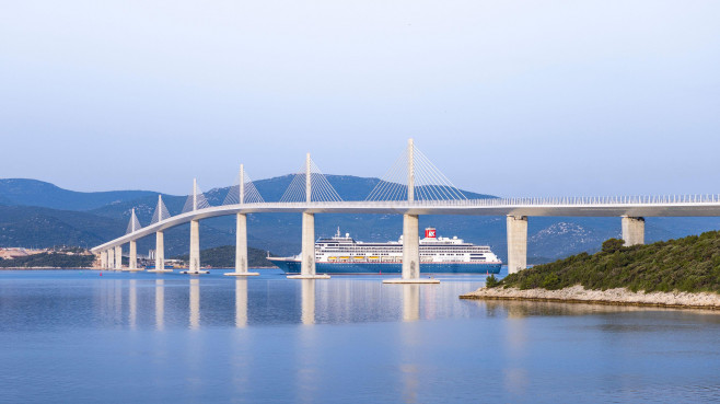 Split, Croatia. 23rd June, 2022. The first cruiser named Bolette passed under the Peljesac Bridge. The cruiser Bolette under the command of Dubrovnik Captain Jozo Glavic with just over a thousand passengers passed this morning under the Peljesac Bridge on