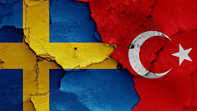 flags of Sweden and Turkey painted on cracked wall