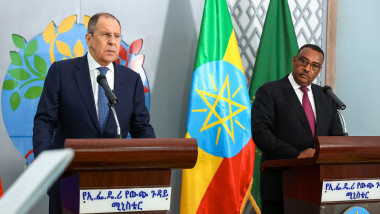 Russian Foreign Minister Sergey Lavrov, left, and Ethiopia's Deputy Prime Minister and Minister of Foreign Affairs Demeke Mekonnen Hassen attend a joint news conference after their talks in Addis Ababa