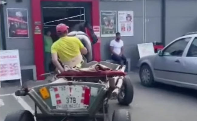 VIDEO. Un agent de pază a intrat cu calul și căruța în magazinul unde lucra
