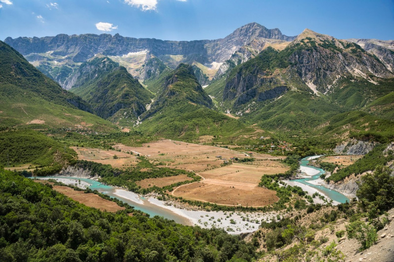 The Vjose river (Aoos river in Greek) valley with the Nemercke mountains in the background, near Permet in southern Albania