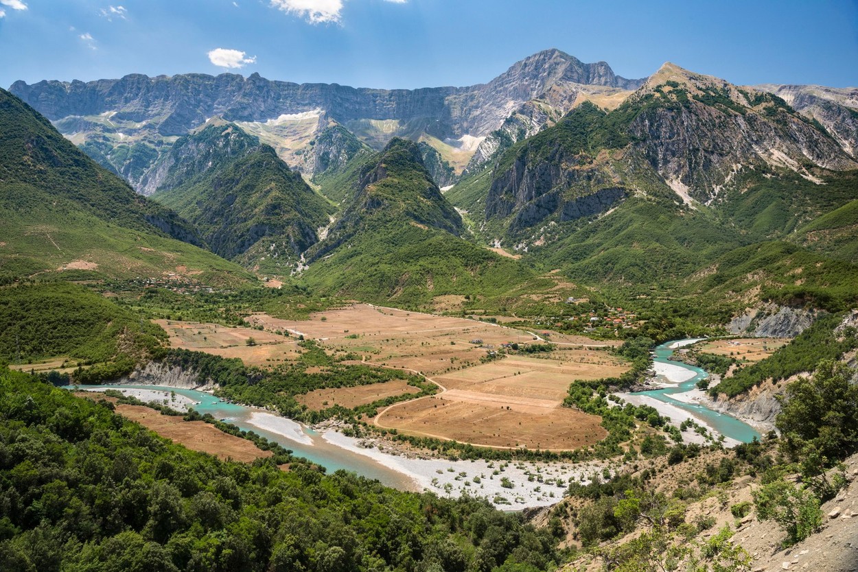 The Vjose river (Aoos river in Greek) valley with the Nemercke mountains in the background, near Permet in southern Albania