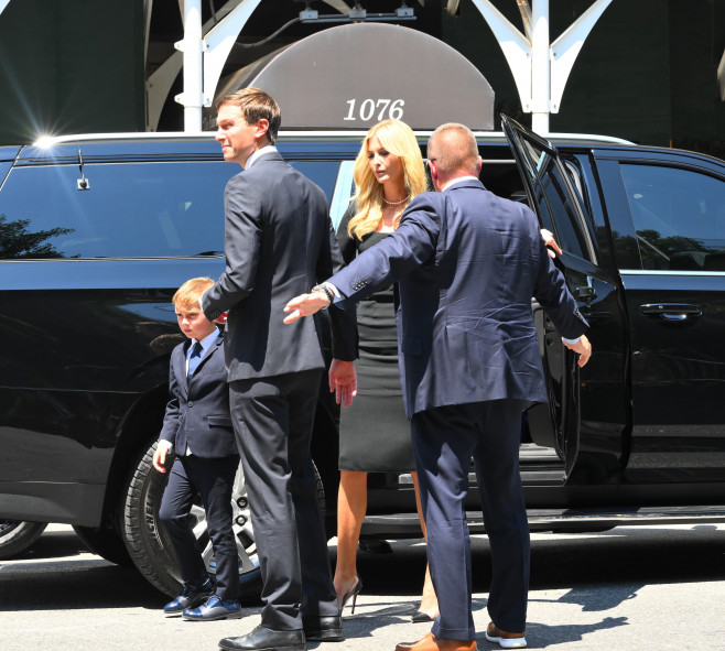 Ivanka Trump and Husband Jared Kushner Eric Trump and Donald Trump saying the last good bye to Ivana Trump at Frank Campbell Funeral Home in the Upper East Side in New York City