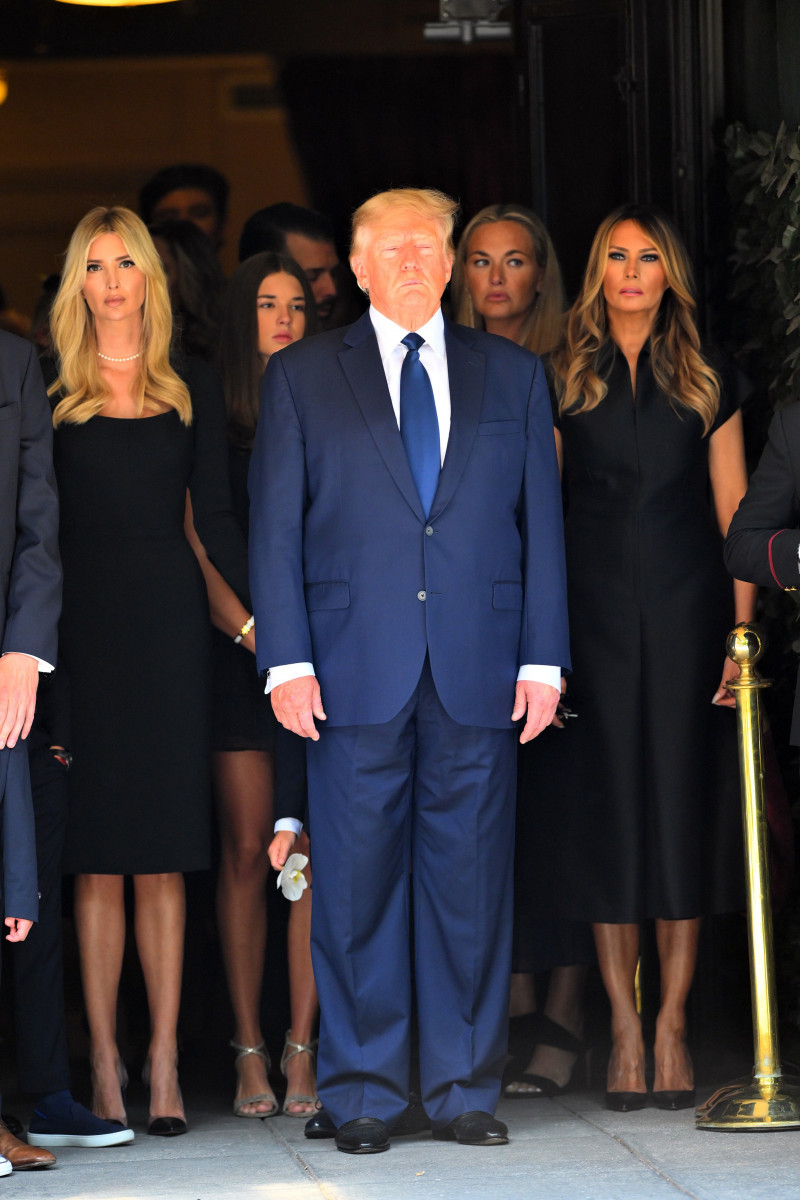 Donald Trump and family Melania Trump Eric Trump Ivanka Trump Donald Trump jr saying the last good bye to Ivana Trump at the funeral Frank cambele home in New York city