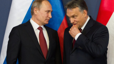 Vladimir Putin și Victor Orban în timpul conferinței de presă de la Budapesta