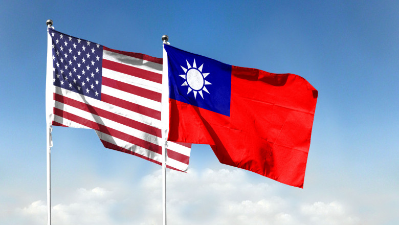 American flag and Taiwan flag with blue sky. waving blue sky