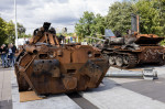 WROCAW, POLAND - JULY 12, 2022: Destroyed Russian military equipment exposition "For your and our freedom" in Wrocaw, BTR-82A armoured transporter a
