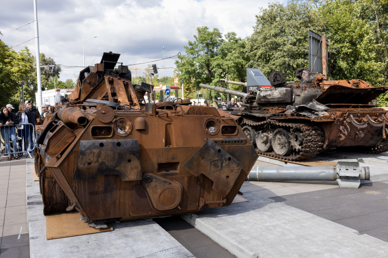 WROCAW, POLAND - JULY 12, 2022: Destroyed Russian military equipment exposition "For your and our freedom" in Wrocaw, BTR-82A armoured transporter a