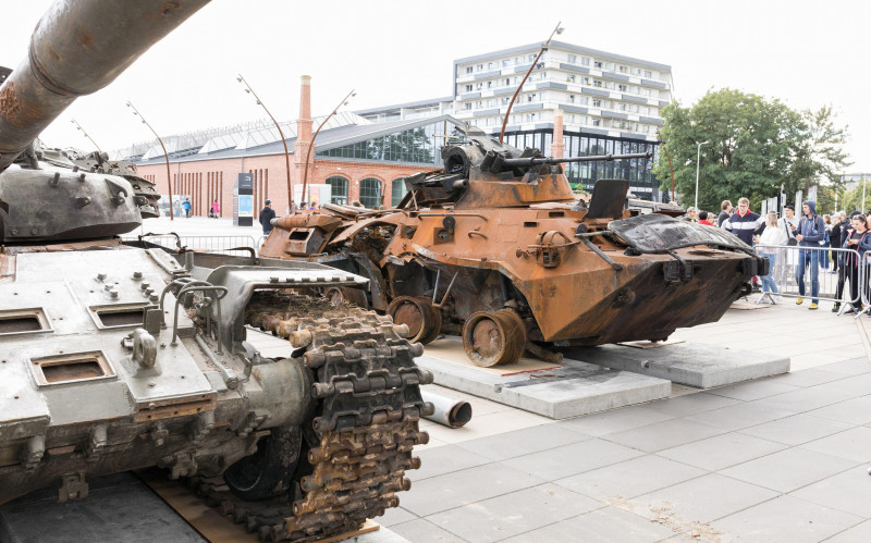 WROCAW, POLAND - JULY 12, 2022: Destroyed Russian military equipment exposition "For your and our freedom" in Wrocaw, BTR-82A armoured transporter a