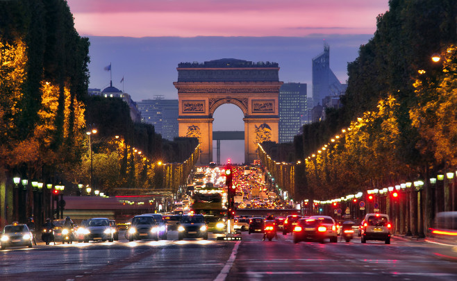 Champs Elysees and Arc de Triomphe in Paris France