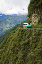 Vehicle traveling the road from La Paz to Coroico, Bolivia.