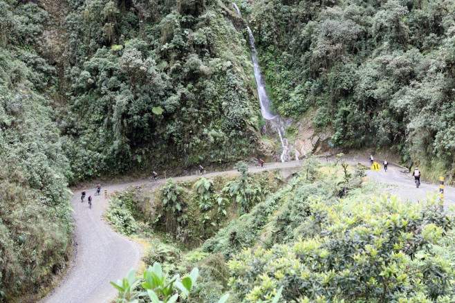 Gravity assisted mountain biking down "The World's Most Dangerous Road" from La Cumbre to Coroico, Bolivia