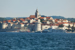 A view from the sea to the old town of Korcula, Adriatic Sea, Croatia