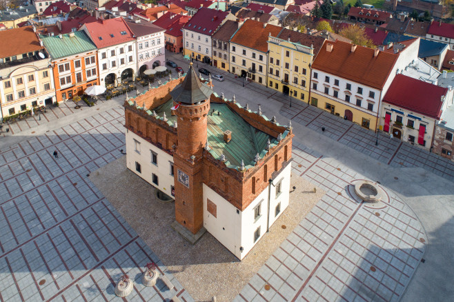 Renaissance city hall in Tarnow, Poland. Aerial view from above