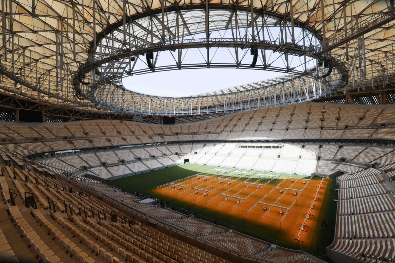 Lusail, Qatar. 01st Apr, 2022. An interior view of the "Lusail Iconic Stadium" in Lusail near Doha, taken during a media tour. The draw for the 2022 World Cup in Qatar will take place in Doha on April 1. Credit: Christian Charisius/dpa/Alamy Live News