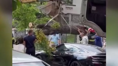Pompierii ridică cu un excavator trunchiul unui copac căzut peste mașină.