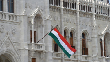 Drapelul Ungariei pe cladirea parlamentului de la Budapesta.
