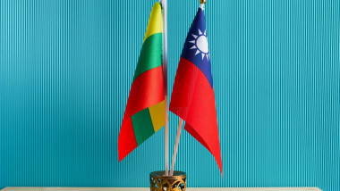 Flag of Taiwan and Lithuania on aqua background