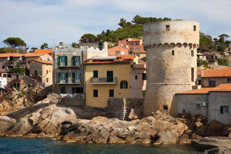 Tower of the port, Giglio village, Giglio Island, Tuscan archipelago, Tuscany, Italy, Europe