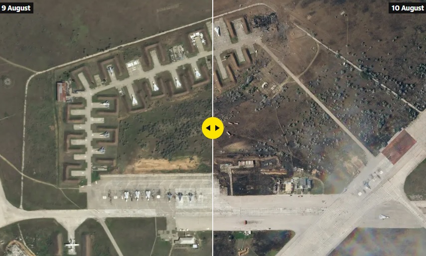 Imaginile din satelit îi contrazic pe ruși: baza Saki din Crimeea e puternic avariată, iar avioanele sunt distruse după atacul de marți