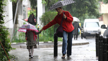 femeie cu copil pe strada in ploaie cu umbrele