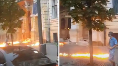 Ușă incendiată la primăria Cluj-Napoca.