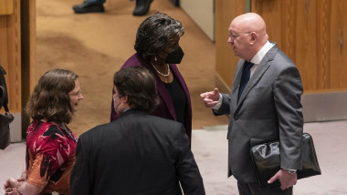 Ambassadors Linda Thomas-Greenfield and Vasily Nebenzya speaks before UN Security Council meeting on maintenance of international peace and security at UN Headquarters in New York