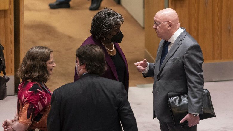 Ambassadors Linda Thomas-Greenfield and Vasily Nebenzya speaks before UN Security Council meeting on maintenance of international peace and security at UN Headquarters in New York