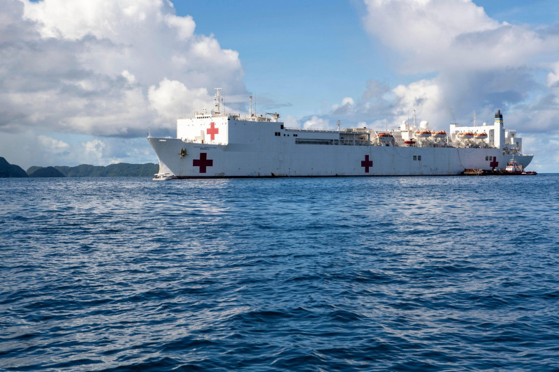 PACIFIC OCEAN (July 18, 2022) Military Sealift Command hospital ship USNS Mercy (T-AH 19) sits at anchor upon its arrival off the coast of Koror, Palau during Pacific Partnership 2022. Now in its 17th year, Pacific Partnership is the largest annual multi