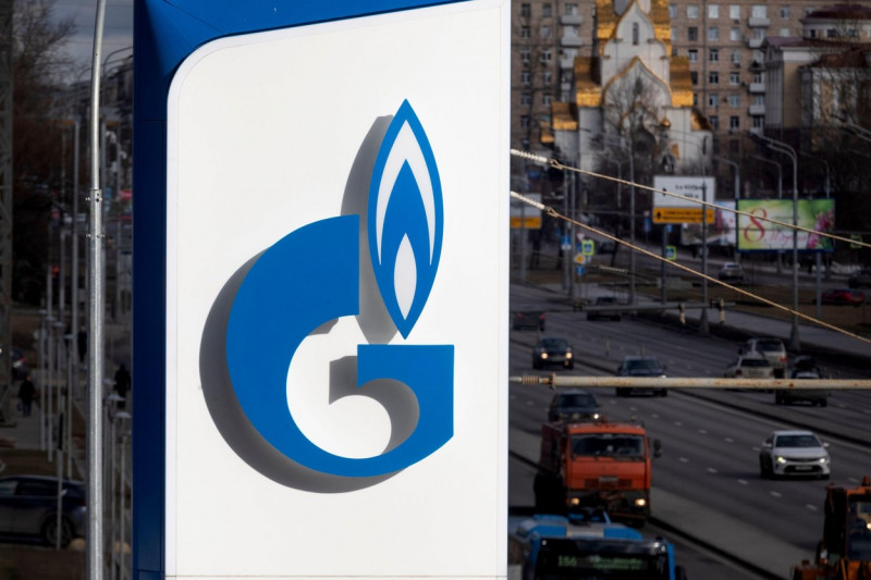 Russian energy corporation Gazprom logo at a gas station on the background of Andropov Avenue in Moscow, Russia