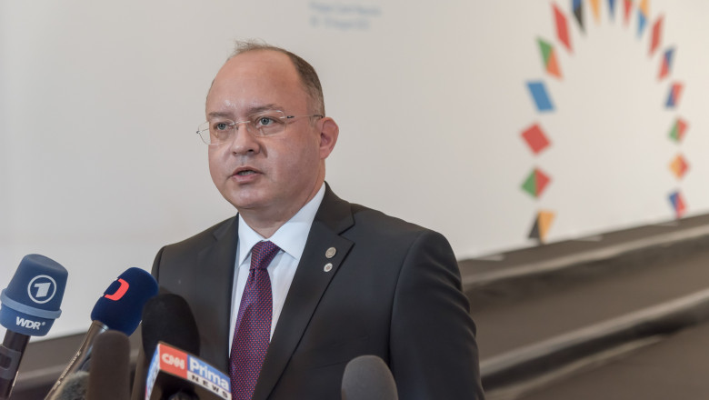 Romania's foreign minister Bogdan Aurescu speaks to the media prior to the beginning of the Informal Meeting of European Union foreign affairs ministers