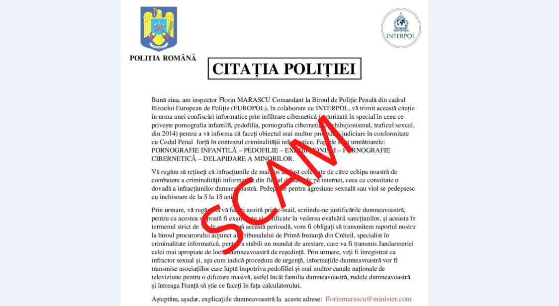 Avertisment cu privire la o campanie falsă pe internet. Infractorii cibernetici trimit mailuri în numele Poliției Române