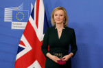 Brussels, Belgium. 21st Feb, 2022. Vice-President of the European Commission Maros Sefcovic welcomes British Foreign Secretary Liz Truss prior to an EU-UK Withdrawal Agreement Joint Committee in Brussels, Belgium on February 21, 2022. Credit: ALEXANDROS M