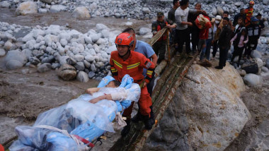 Rescuers transfer injured people in Luding county, China, after earthquake