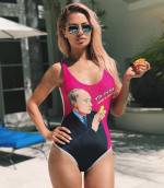 Influencer Victoria Bonya wears a swimsuit with an image of Vladimir Putin